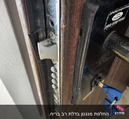 מנעול דלת עם מפתח כחול בתוכו